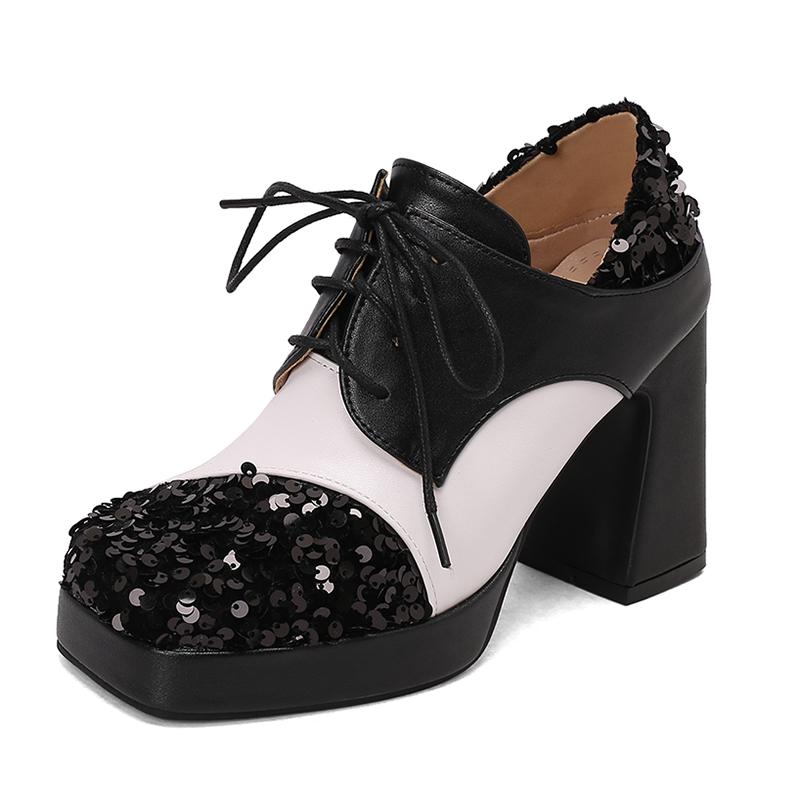 Plus Size Glitter Patchwork PU Lace Up High Heels Square Toe Waterproof Platform Ultra-High Thick Heel Breathable Women s Pumps 34 чёрный 6373₽