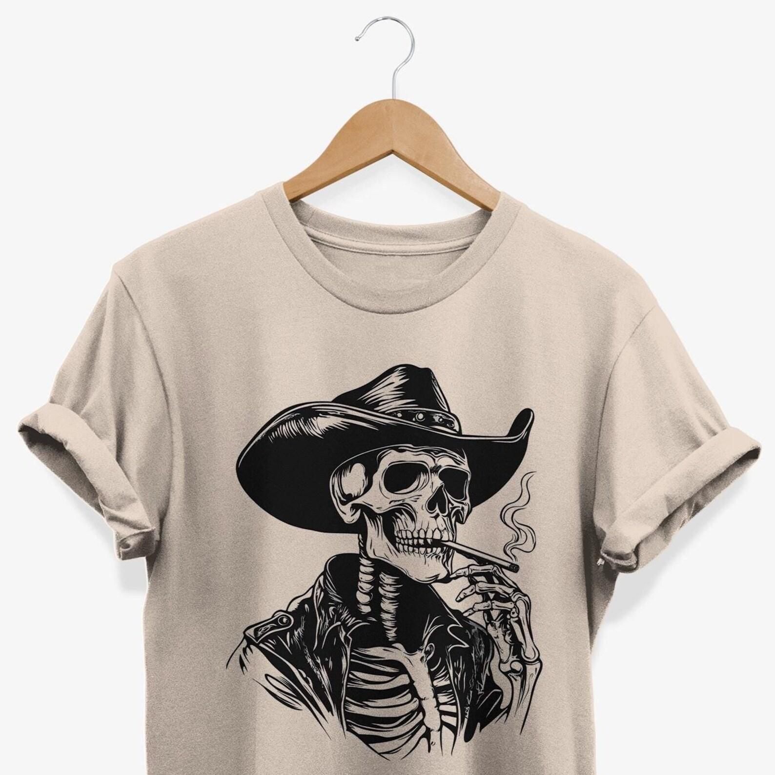 Western Cowboy Smoking T-shirt | Gothic Skeleton Skull Graphic Tee | Gift for Smoker S