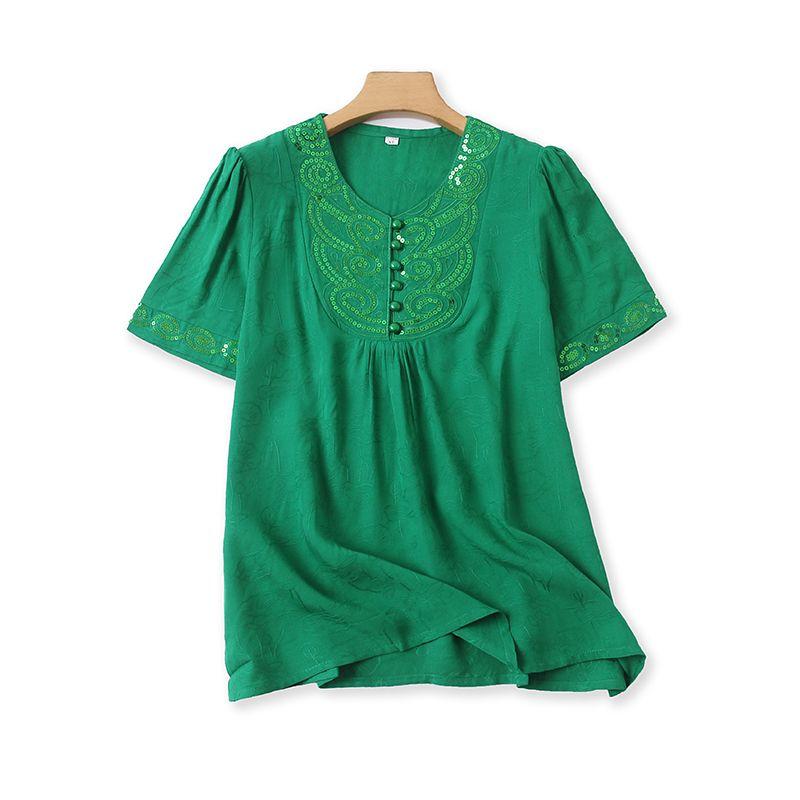 

T-shirt New Button Casual Loose Short Sleeves Top Green XL