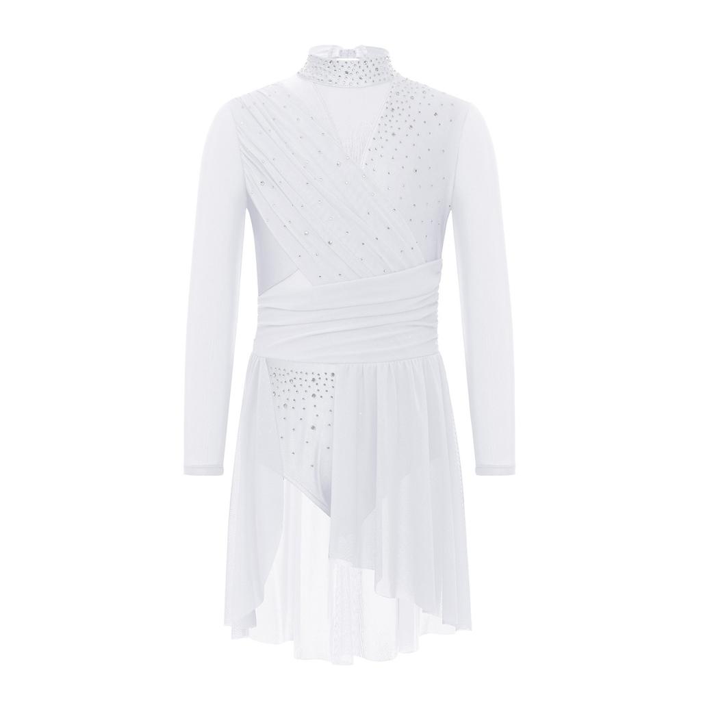 Girls Lyrical Dance Dress Mock Neck Long Sleeve Cutout Back Side Split Sheer Mesh Ruched Leotards