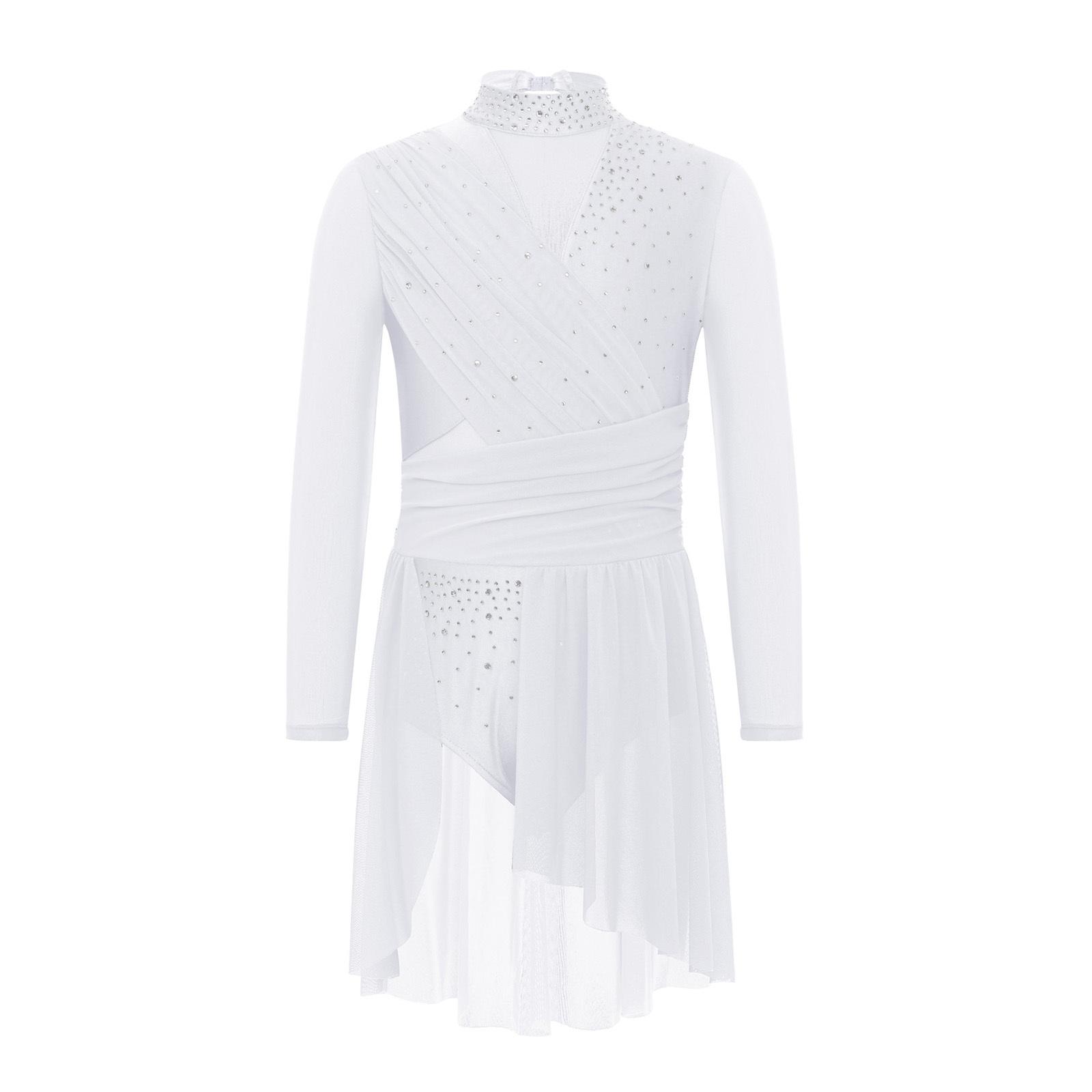 

Сукня для ліричного танцю для дівчаток, з коміром-стійкою, довгим рукавом, вирізом на спині, розрізом збоку, прозорою сіткою, збіркою на леотарді білий