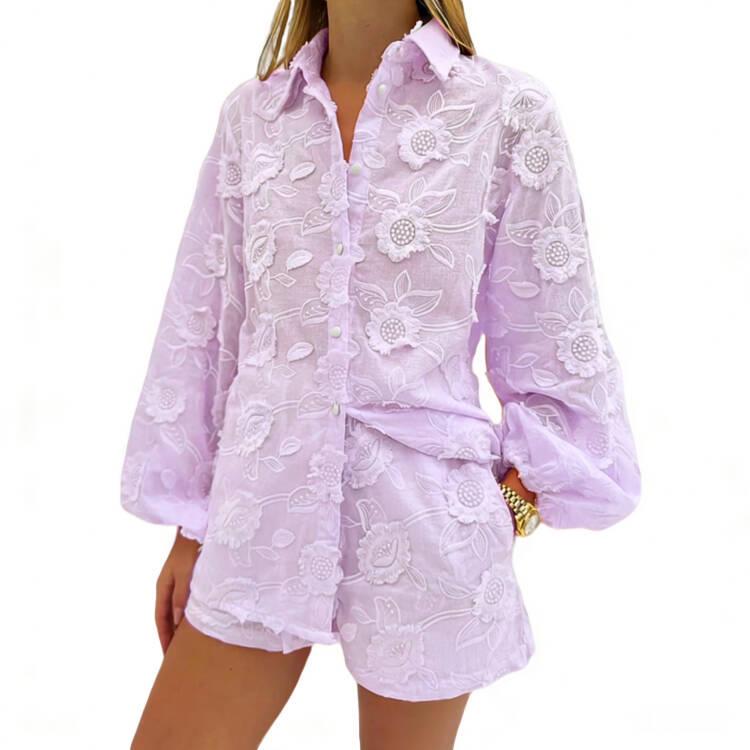 European & American Sexy Cotton Embroidered Set: Spring/Autumn See-Through Shirt & High-Waisted Shorts 2025