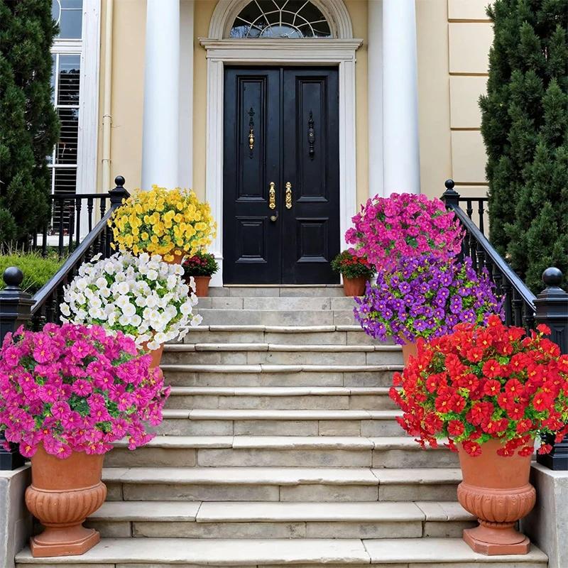 4 Bündel Künstliche Blumen Seiden-Prunkwinde Pflanzen Eukalyptus UV-Beständig Garten Sommerhaus Außen Dekoration
