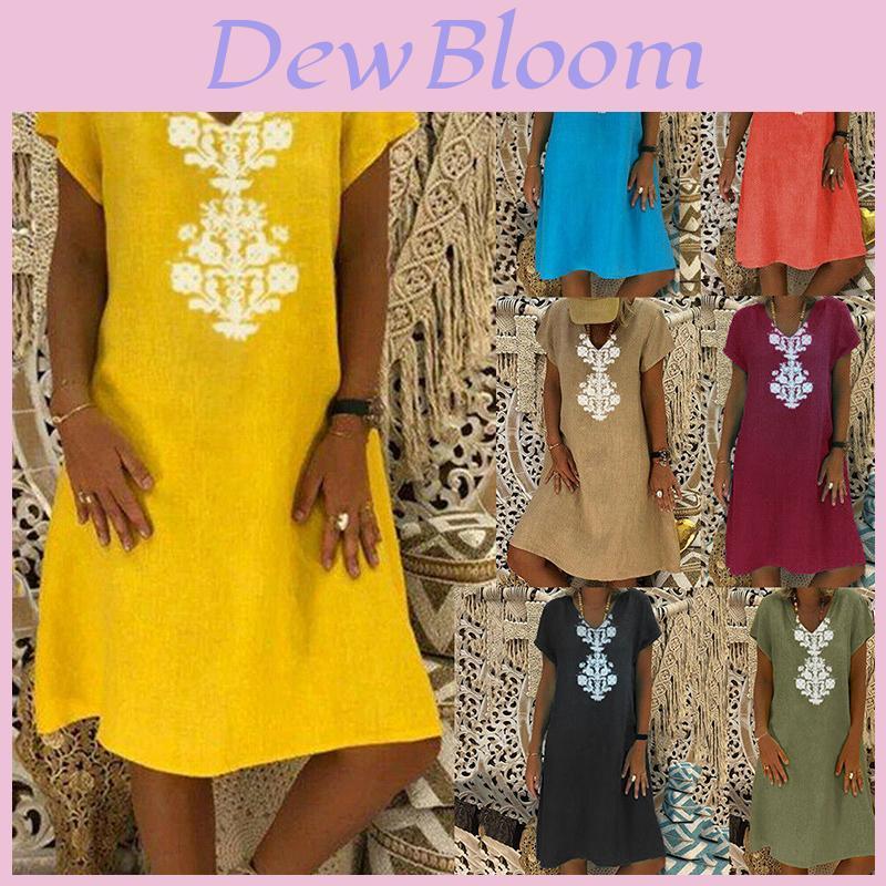 Versatile Women's Baggy Loose Short Sleeve V-neck Linen Kaftan Madi Dress Perfect For Daily Wear And Beach Outings