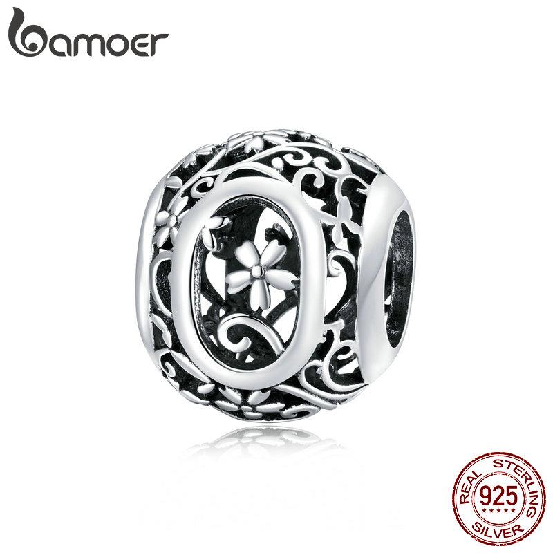 BAMOER 925 Silver Retro Letter Charms Hollowed Alphabet A-Z Round Beads for Women Bracelet DIY Jewelry Making