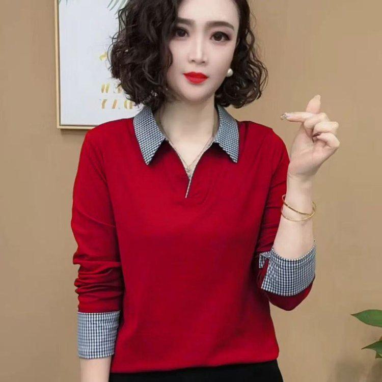 

2026 Spring/Autumn Elegant Color Block Plaid Lapel T-Shirt 2XL (120-130) чёрный