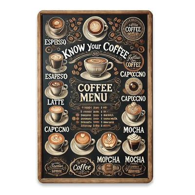 Retro Znak Metalowy z Menu Kawowym Vintage Dekoracja Ścienna do Kawiarni Baru Kuchni Entuzjastów Kawy