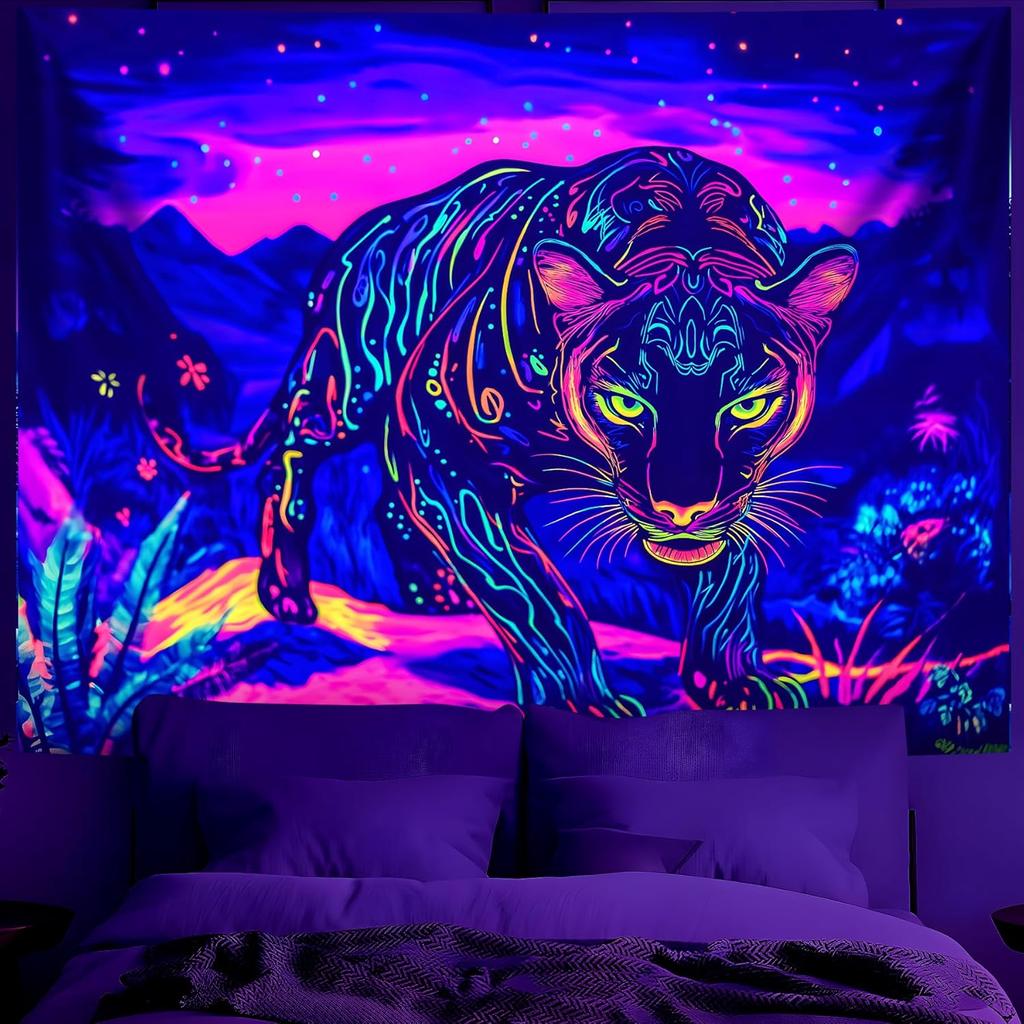 BVBOX Blacklight Animal Wolf Tapestry Iridescent Mountain Top Wolf Tapestry Glow In The Dark, UV Reactive Black Light U