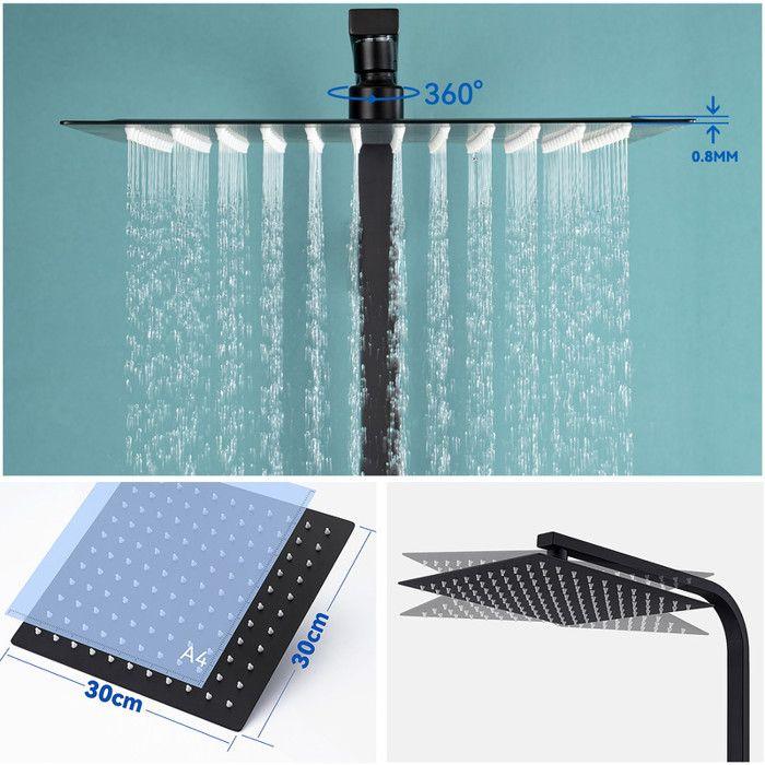 Colonne de Douche - Mitigeur Thermostatique - Noir - Hauteur Réglable 90-116 cm - Douchette 12 pouces