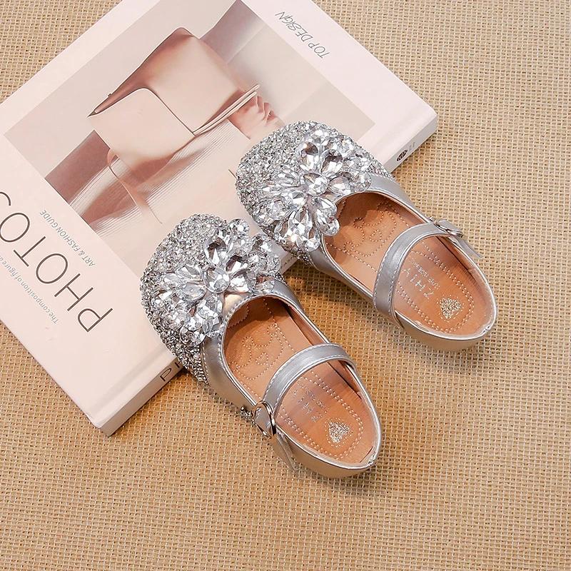 2024 Children Leather Shoes for Girls Autumn New Fashion Soft Comfortable Princess Rhinestone Chic Anti-slippery Dress Shoes