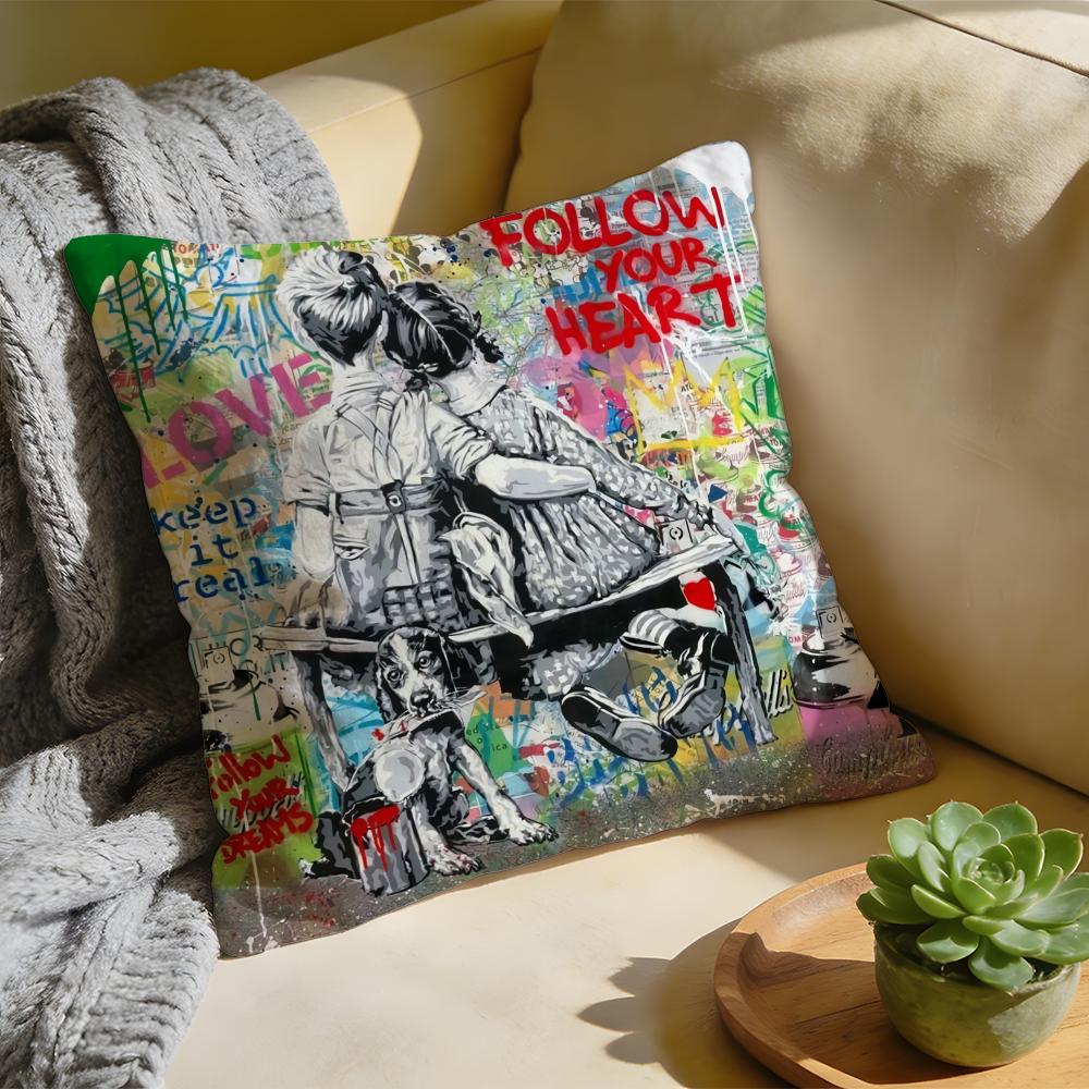 Cushion Cover Washed Linen Soft Breathable Decorative Case for Sofa Home Pillow Cover Banksy Street Graffiti Art
