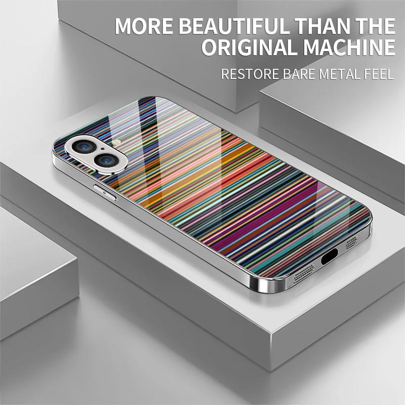 Colorful Stripes Pattern Tempered Glass Phone Case For iPhone 18 17 16 15 14 13 12 11 Pro Max Plus Air Electroplate Silver Cover