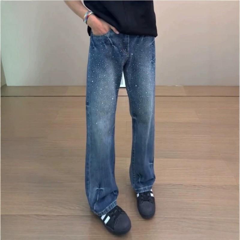 Mens Blue Denim Jeans Washed Lightning Slim Straight Leg Streetwear Style Casual Pants