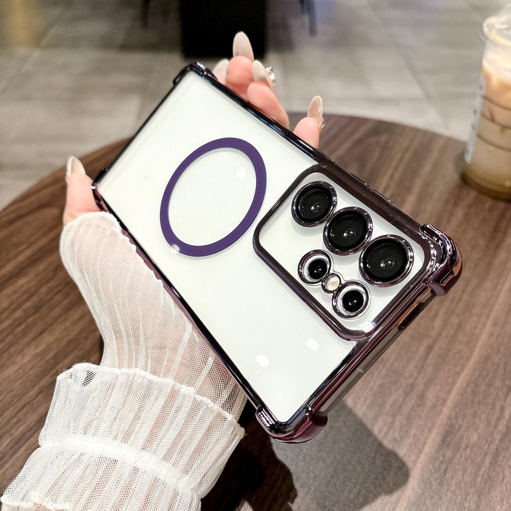 Suitable for Samsung S25 Ultra Mobile Phone Case Four Corner Airbag Anti Fall Magnetic Charging S24 Transparent Electroplated Hard Shell 23F