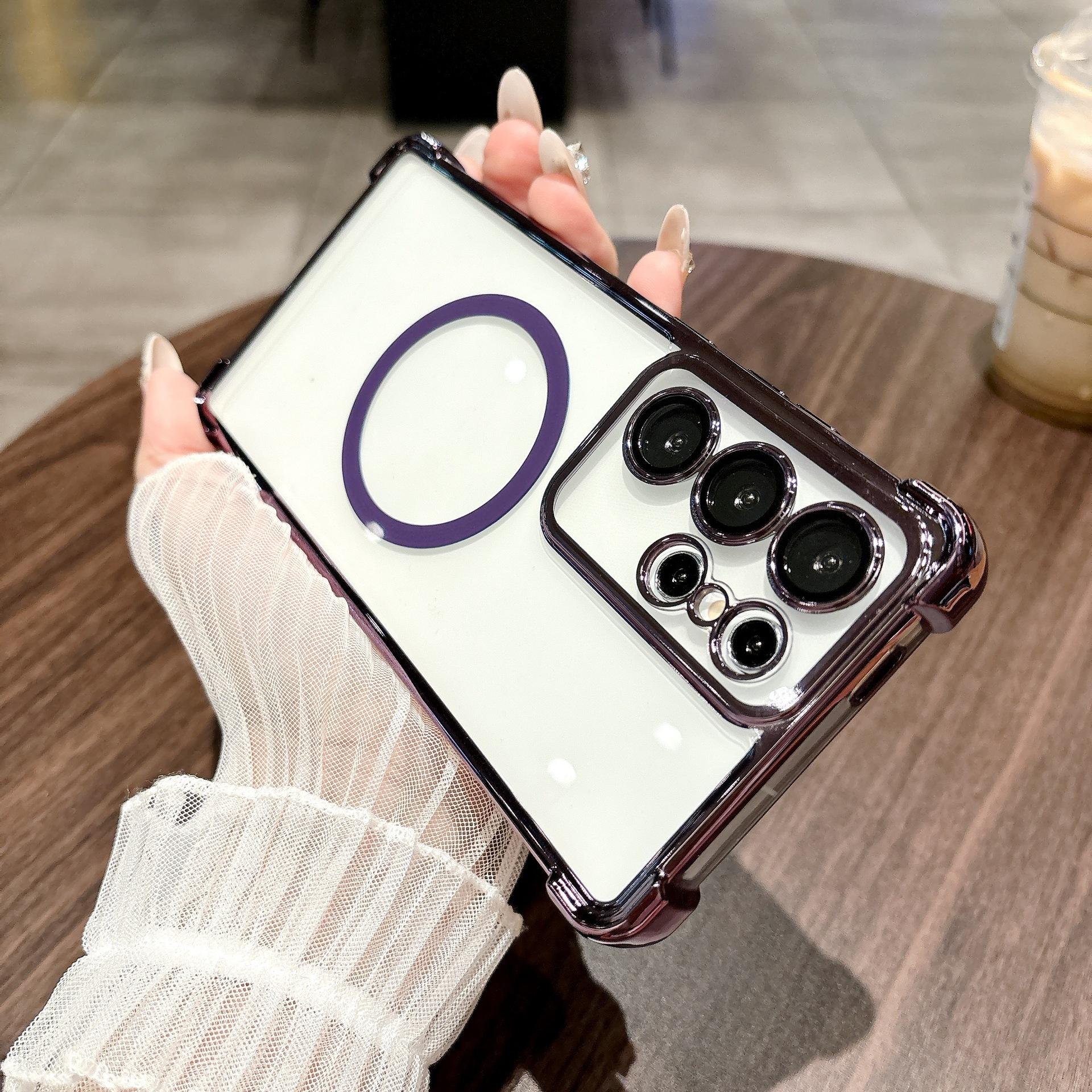 

Suitable for Samsung S25 Ultra Mobile Phone Case Four Corner Airbag Anti Fall Magnetic Charging S24 Transparent Electroplated Hard Shell 23F S25Ultra