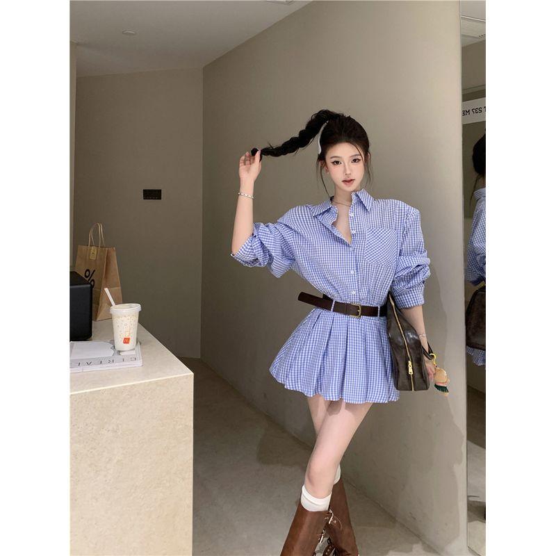 

Kumikumi Design Sense Blue and White Plaid Shirts One piece Dress Women clothing Autumn Chic Age-Reducing Waist Hugging Slimming Short dress Belt L