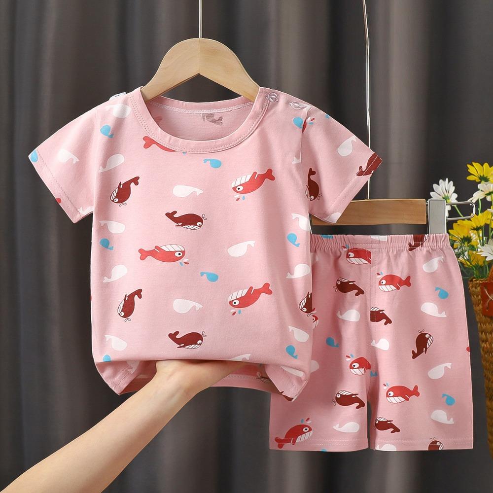 Kids Cotton Short Sleeve 2Pcs Set, Summer Shoulder Snap T-shirt & Shorts for Toddler Boys Girls