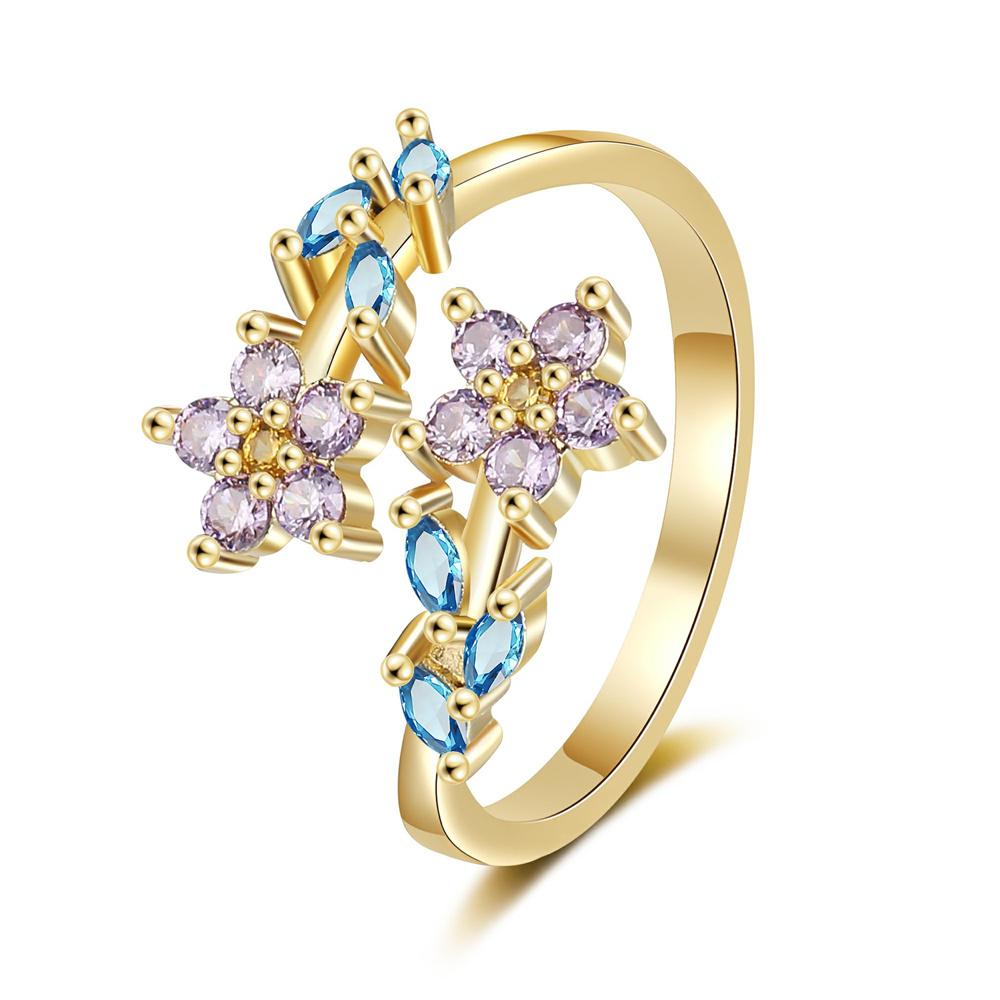 Charm Female Rainbow Zircon Stone Leaf Flower Adjustable Open Ring Gold Silver Color Cute Gift Wedding  For Women