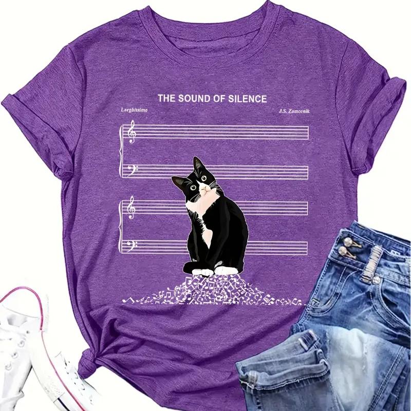 Women Summer T Shirt Retro Fashion Short Sleeve Tees Casual Kitten Printed  Tops