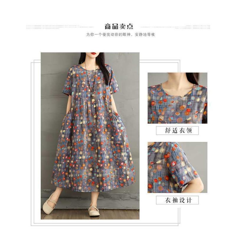 Summer New Retro Round Neck Flower Pocket Short Sleeve Dresses for Women