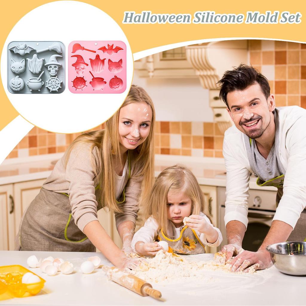 2 Pieces Halloween Theme Silicone Molds Set Cat, Bat, Ghost, Skeleton, Pumpkin, Big Pot, Spider Net Patterns Homemade Cake Mold