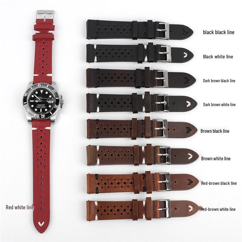 Available Porous Genuine Leather Watch Strap, Quick Release, Brown Cracked Pattern, Sizes: 18mm, 20mm, 22mm, 24mm.