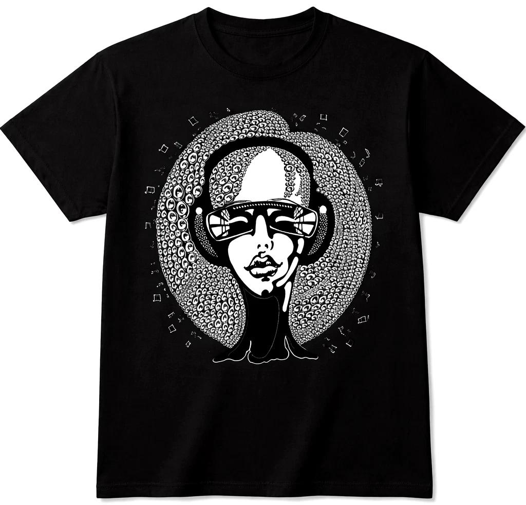 

Music Lover T Shirt Retro DJ Headphones Woman Face Graphic Tee Festival Top L