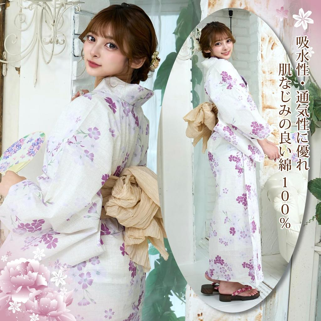 RAVIR Yukata Lovely Wisteria and Pink Fluffy Obi Belt and One Size Fits All Women's 3-Piece Set, Designs, Sandals, Cream,