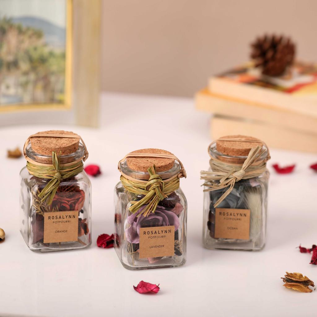 Lea dried Floral Potpourri Set of 3 (small) lavender, sunset orange, purple | 5.5 x 5.5 x 9 cm