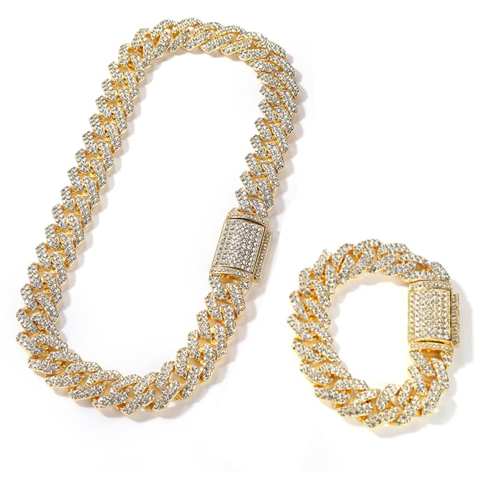 

THE BLING KING NE+BA 18mm Zinc Alloy S-Link Mens Miami Cuban Necklace & Bracelet Set Full Bling Iced Rhinestones Hiphop Jewelry 7inch bracelet&16inch necklace