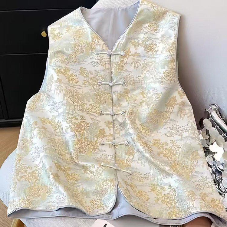 Women s Spring Fashion Tang Suit Style Jacquard Sleeveless Vest with Frog Button L (53-60 kg)
