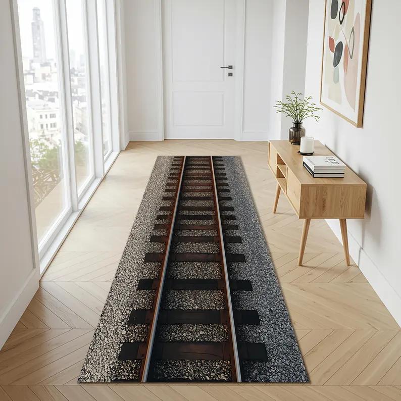 

Hallway Runner Rug 3D Retro Railway Track Pattern Carpet Non-Slip Easy Clean Industrial Retro Railway Enthusiast Decor Home Mat 40X120CM