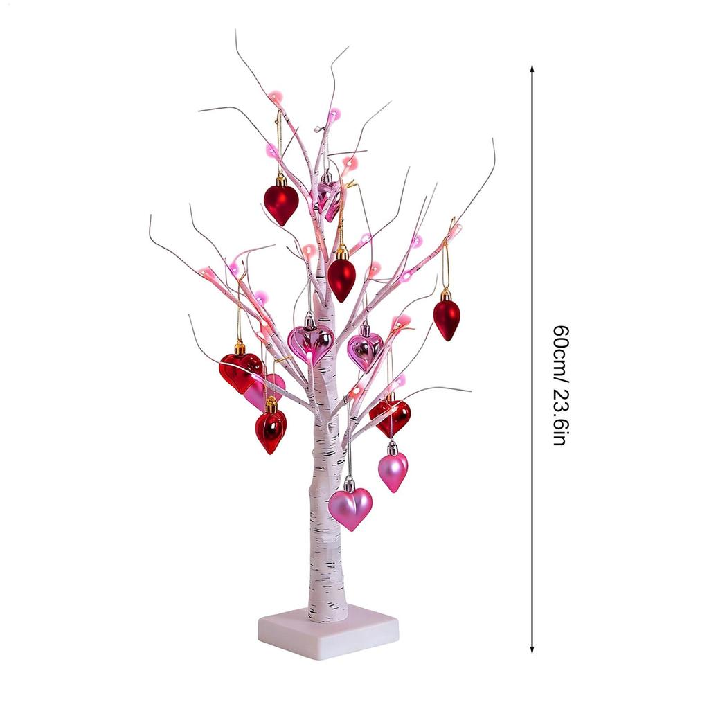 Valentines Lights 60cm Artificial Birches Centerpiece with Heart Ornaments USB Plug-In/Battery Operated Valentine Tree Lights