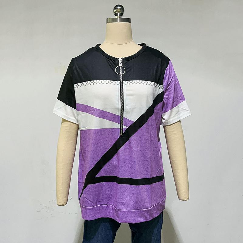 Summer Striped Printed Plus Size T Shirt Women Vintage Short Sleeve Zipper V-neck Casual T-shirt Woman Loose Office Lady Basic Tee Tops 25118