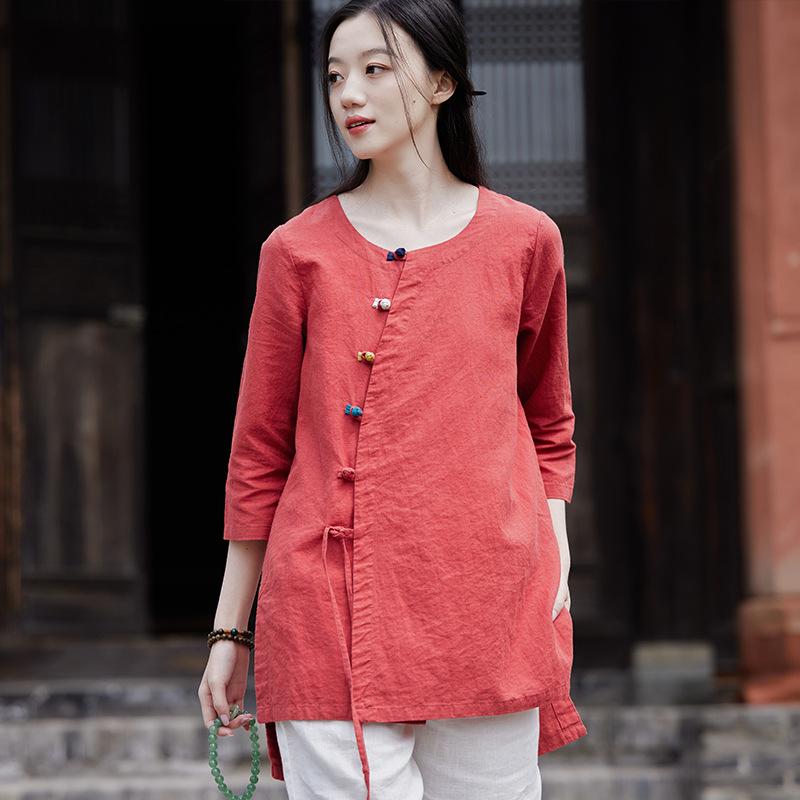 

Johnature женские рубашки в китайском стиле, топы с круглым вырезом, блузки с семью рукавами, осенние однотонные винтажные льняные рубашки на пуговицах One Size красный