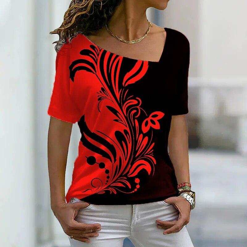 2024 Summer Women's Abstract Cool Printed Short Sleeves V Neck Female Casual Pullover Fashion Tops Elegant T Shirts New Design