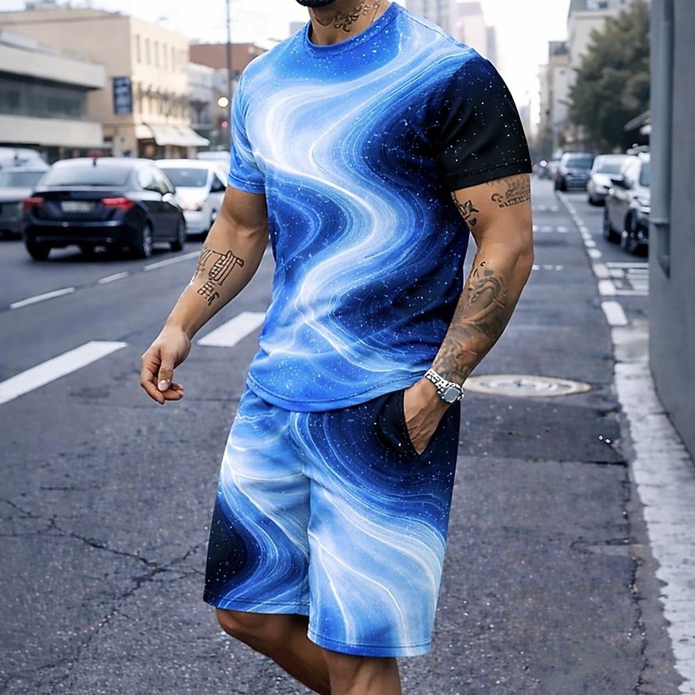 Men's Geometrical Tees sets Summer Tops Short Sleeve Short Pants Crew Neck Casual Daily Vacation Going out Summer