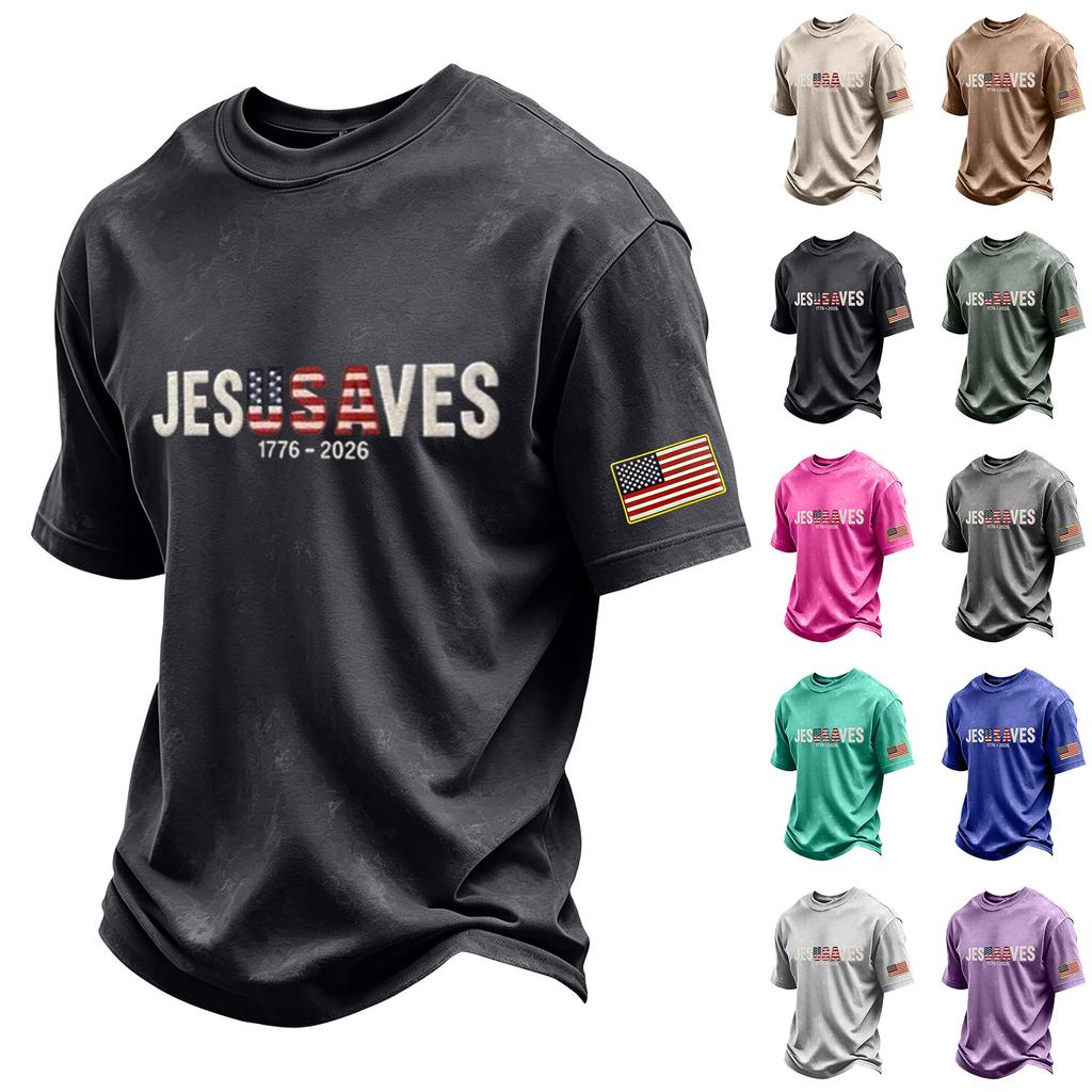 Men’s Crew Neck Short Sleeve T Shirt with USA Letter Print and American Flag Patch Cotton Casual Loose Fit Top for Everyday Wear