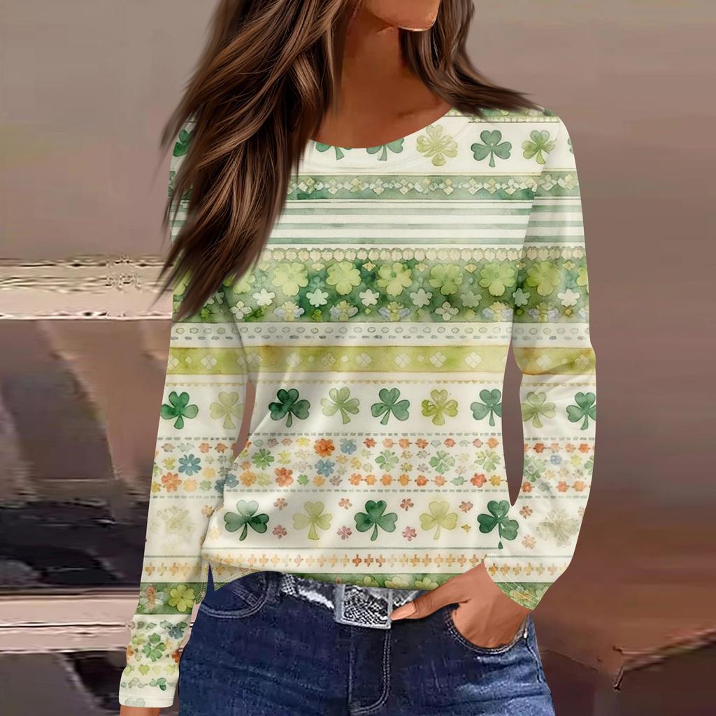 T-shirt décontracté à manches longues et col rond pour femme, haut ample et imprimé avec ourlet fendu