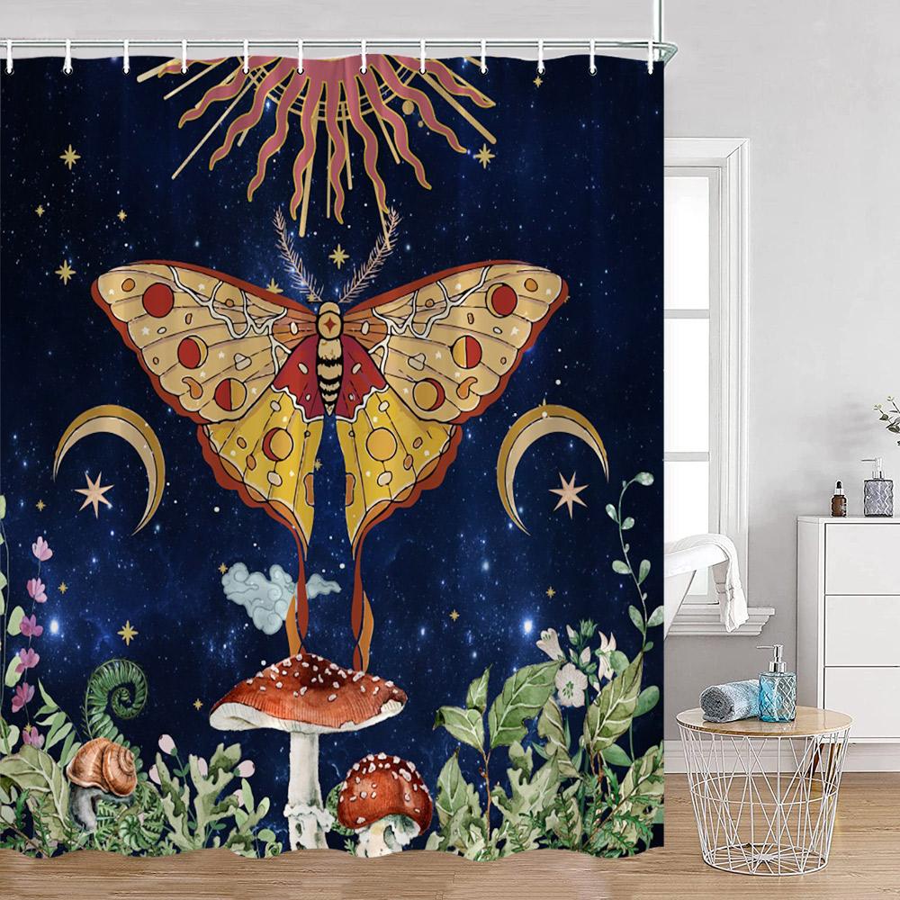Vintage Mushroom Shower Curtain Astrology Magic Starry Night Flower Frog Mandala Dark Bathroom Curtain Plant Home Decor for Bath