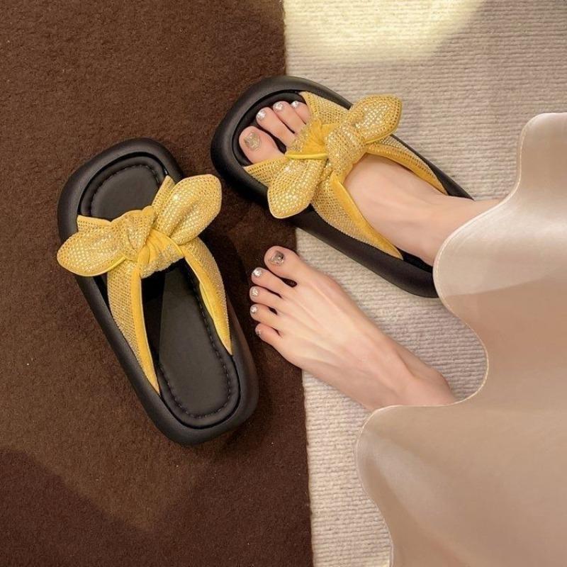 Rhinestone Bow One-word Drag Women's Summer New Wear Versatile Sandals Thick-bottomed Beach Slippers