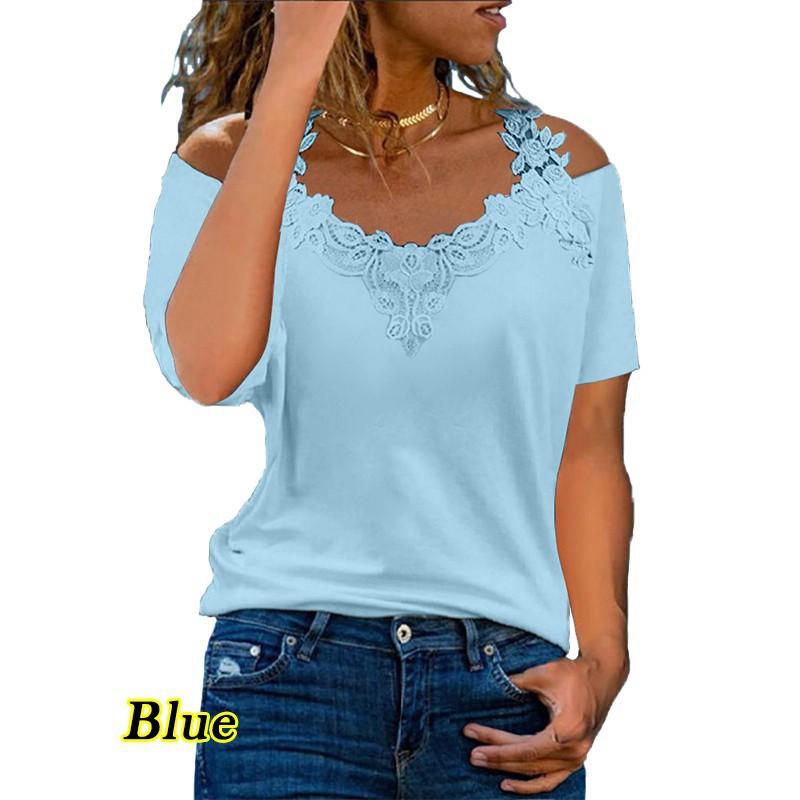 Women's Lace V Neck Cold Shoulder T-Shirt Casual Short Sleeve Loose Solid Summer Blouse Top