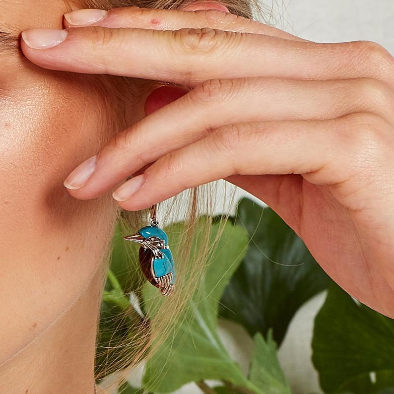 European and American Retro Silver Turquoise Bird Earrings