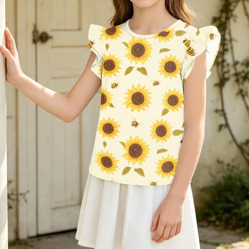 Girls' Short Sleeve Floral Print Ruffle T-Shirt - Casual Round Neck Top for Spring and Summer