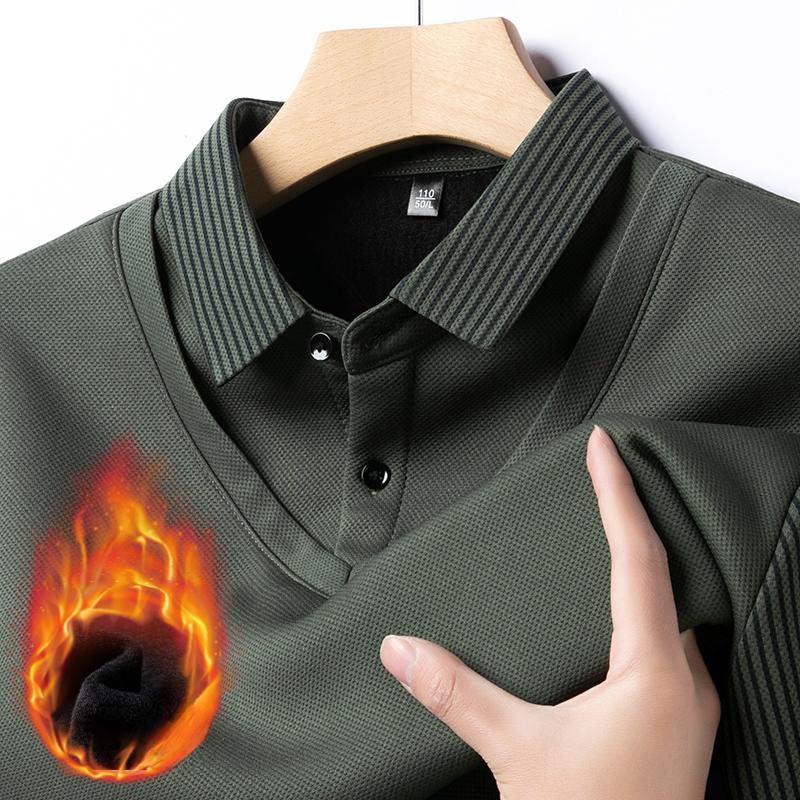 Men's Winter Fleece Fake Two Piece T-shirt Button Striped Polo Shirt Long Sleeve Fashion Casual Thicken Solid Lapel Male Tops