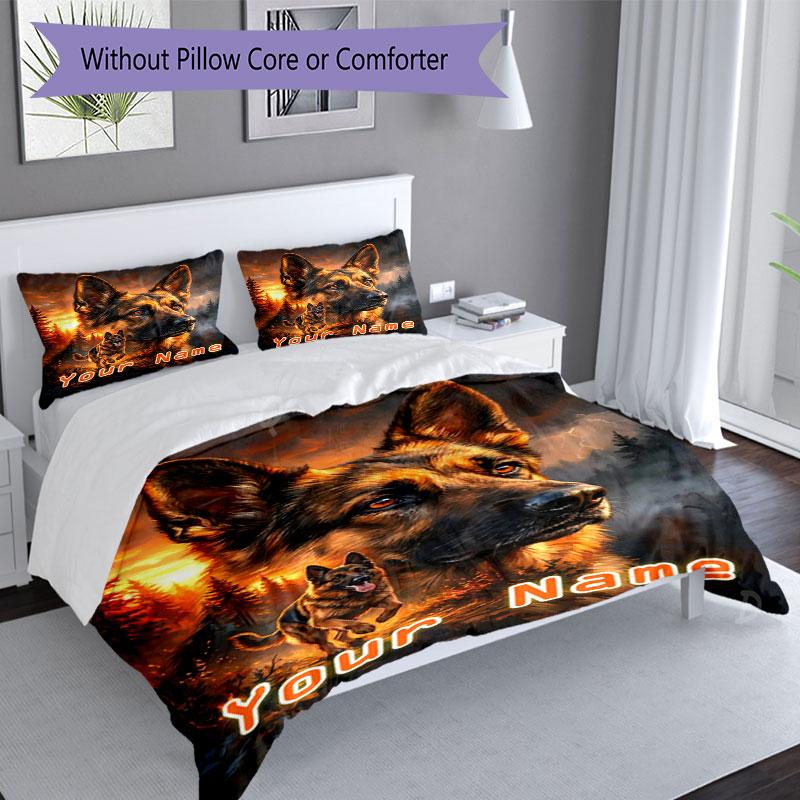 3PC Custom Name "German Shepherd Sunset Majesty" Bedding Set Duvet Cover Closure Includes 1 Duvet Cover & 2 Pillowcases for Bedroom