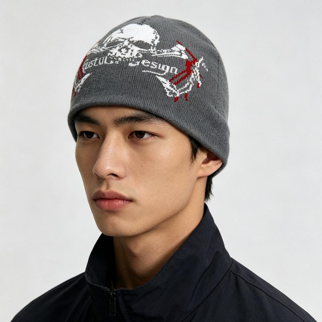 Autumn and Winter Dark Wind Skull Flame Jacquard Knitted Hat Men and Women Warm Personality Retro Street Pullover Hat