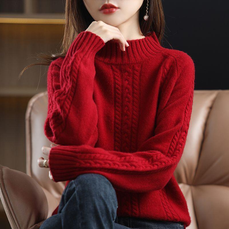 Autumn and Winter Women's Semi High Neck Pullover Sweater Long Sleeve Thick Versatile Loose Pullover Sweater