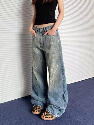 American High Street Design Feeling Paint Splashing Graffiti Jeans Women's Wasteland Wind Retro Washed Old Straight Mopping Pants