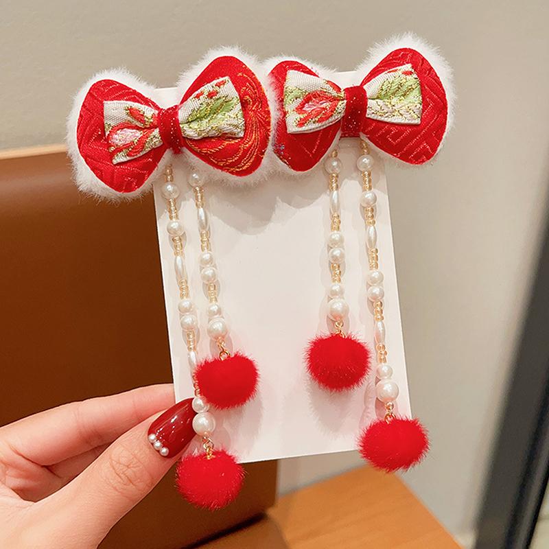 1pár děti rok Červená mašle Sponky do vlasů Kawaii Vlasové doplňky Motýlí střapce Spona do vlasů Všestranná spona do vlasů ve starověkém stylu
